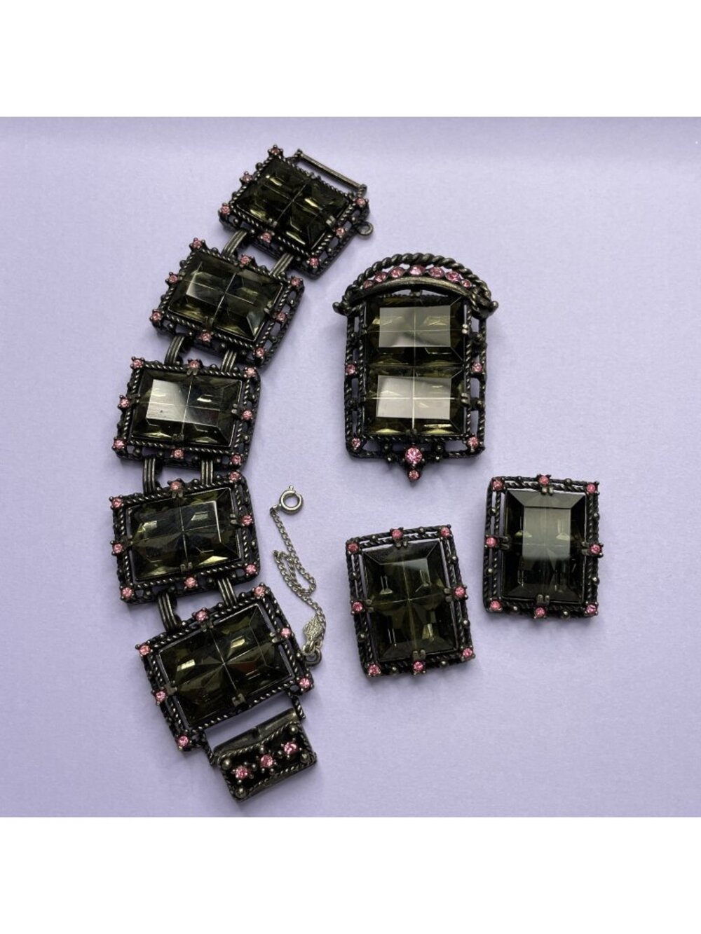 Vtg Sarah Coventry Midnight Magic Bracelet Clip On Earrings Brooch Set